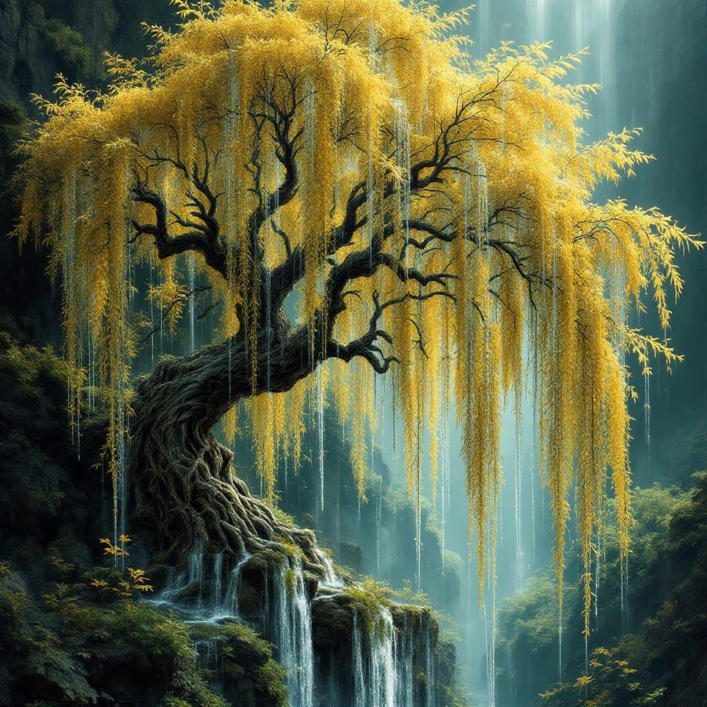 Ancient Golden Willow Tree in Ethereal Light