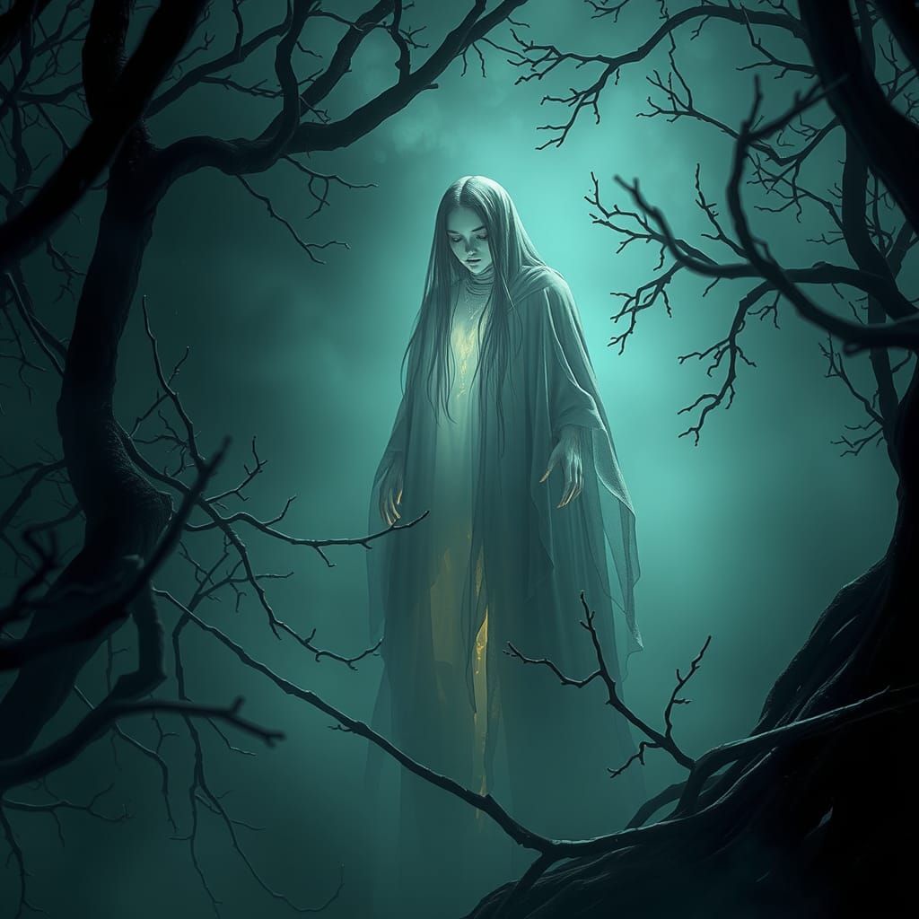 Ethereal Ghost in Mystical Forest, Glowing 3D Anime