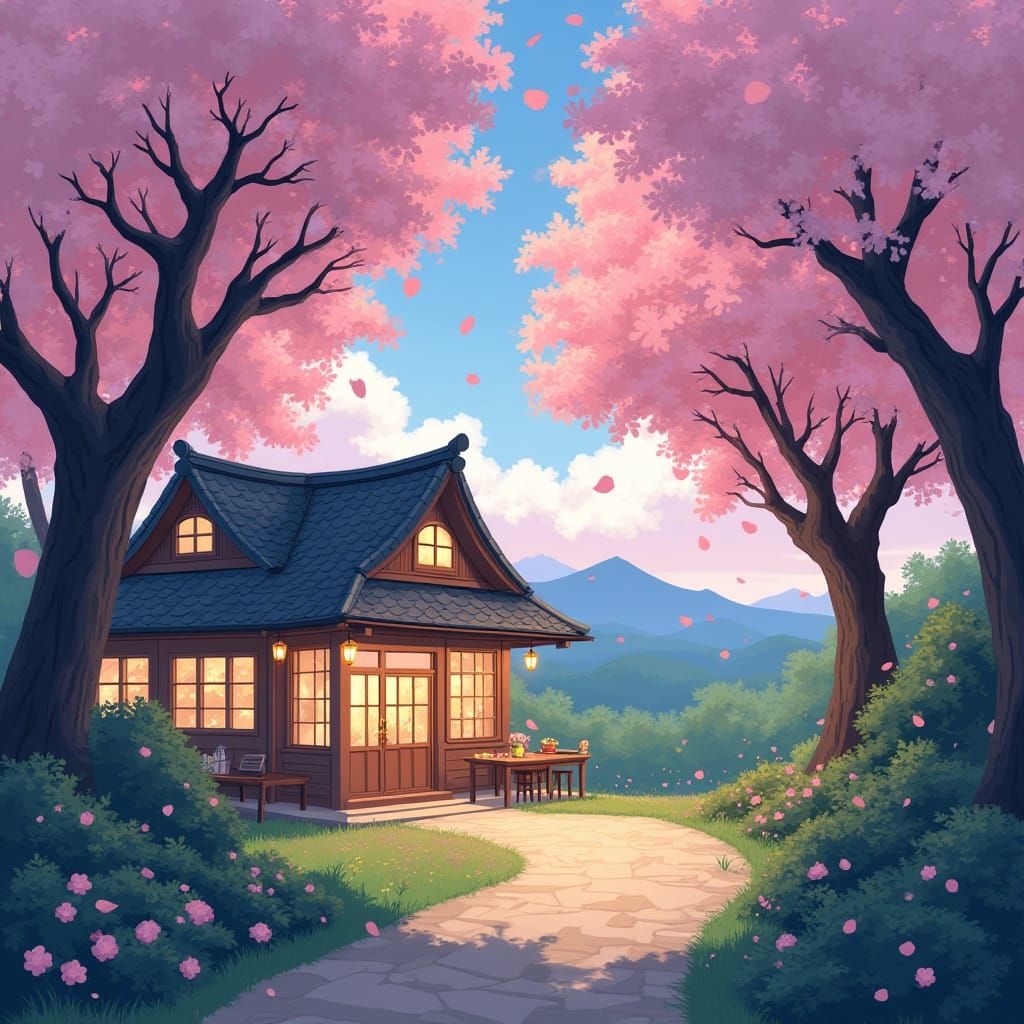 Ghibli Cafe Under Cherry Blossoms
