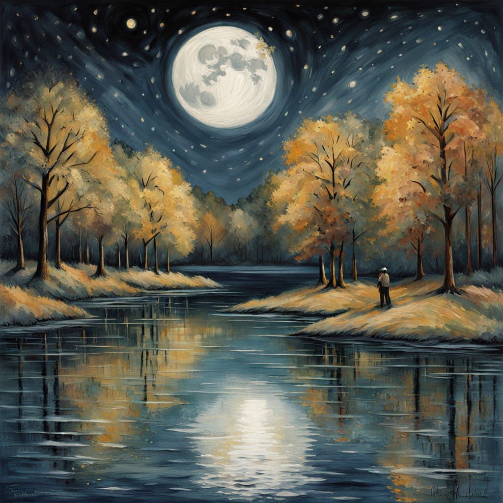 Ethereal Lake Scene with Fireflies and Swan under Starry Sky