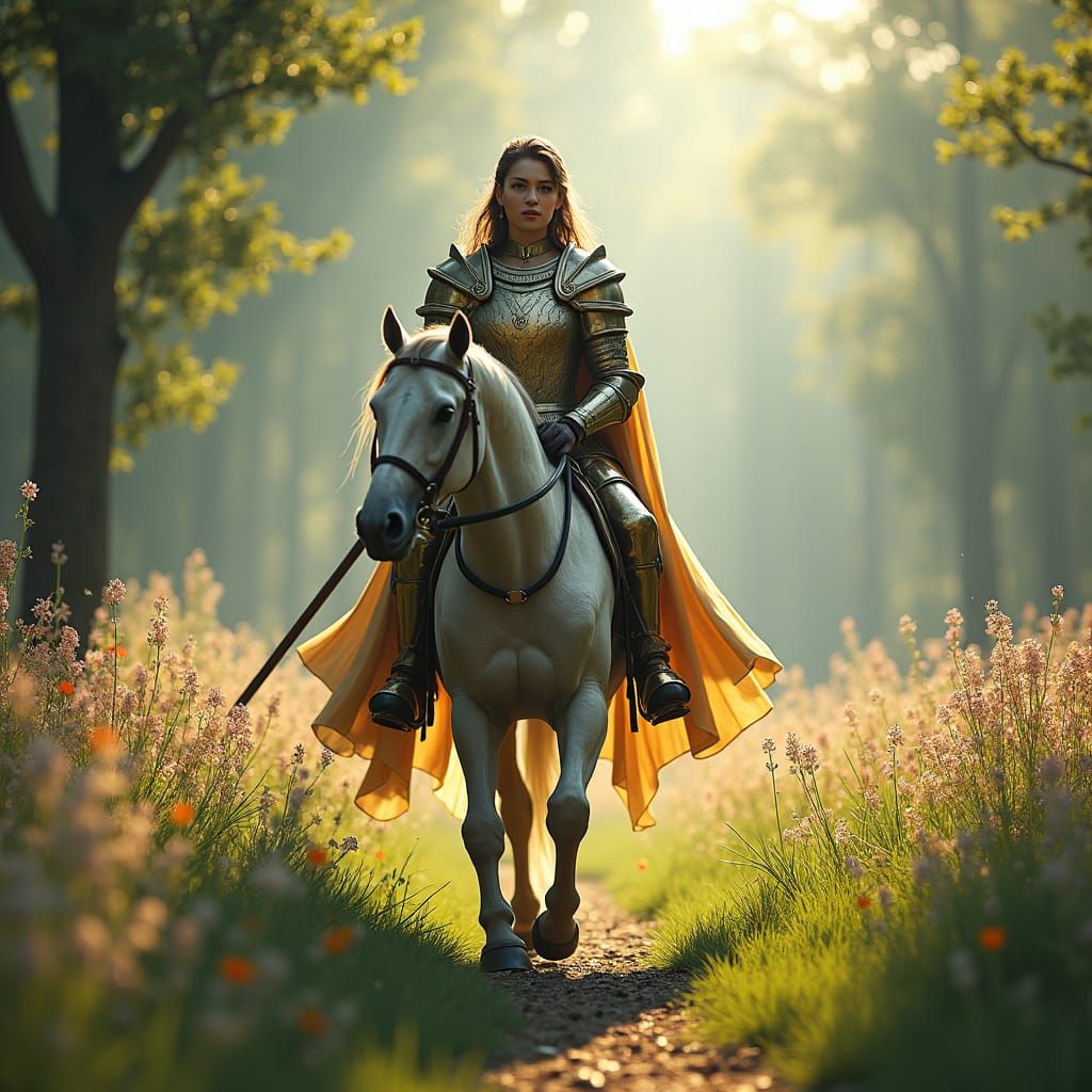 Knight in Shining Armor Walks Through Sunny Meadow