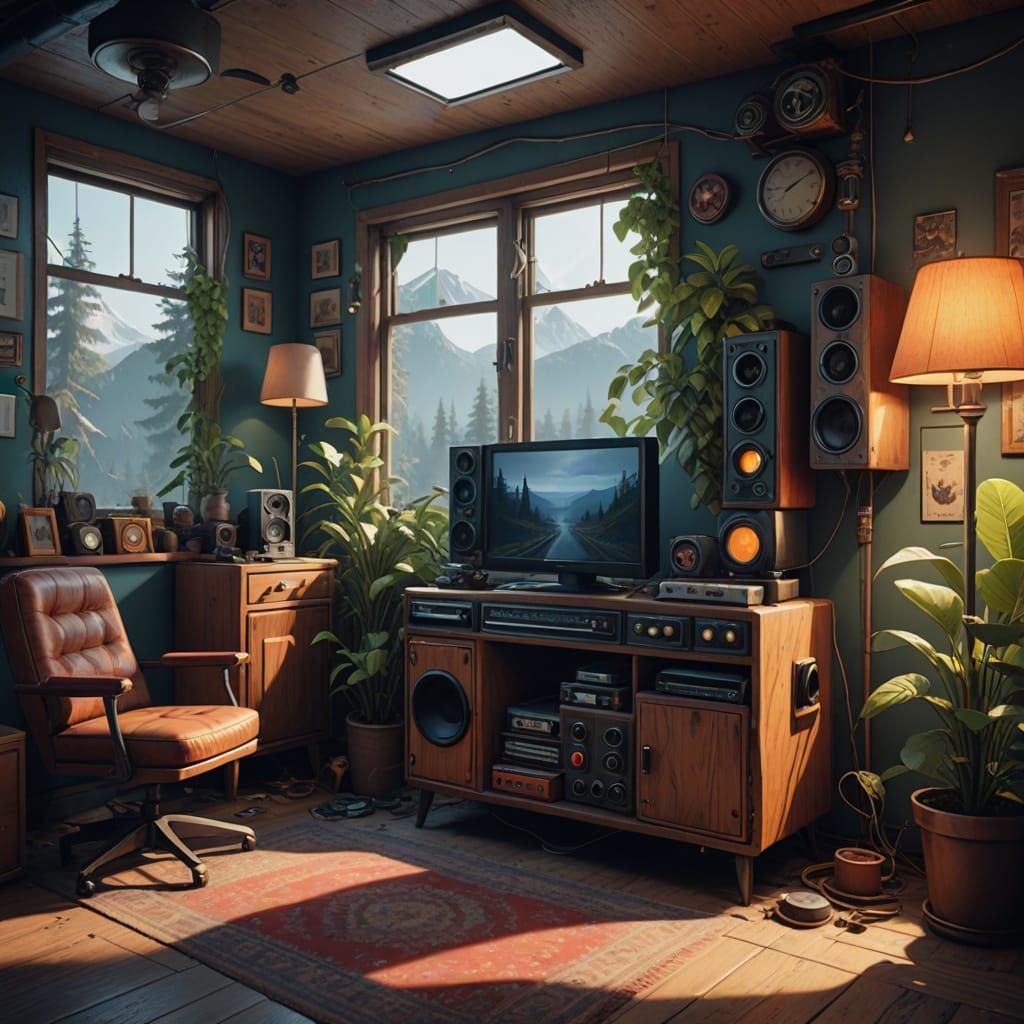 Vintage Living Room with Retro Stereo and Ambient Lighting