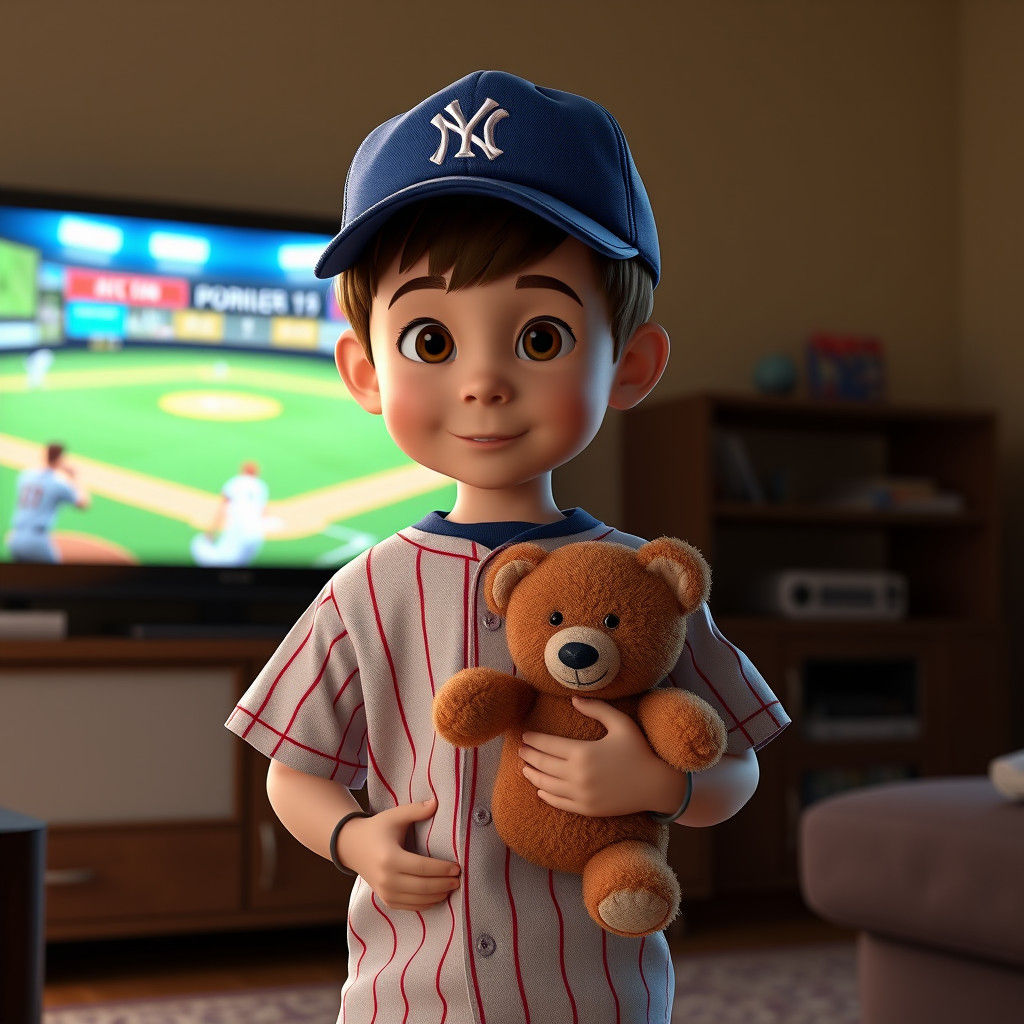 Boy with Teddy Bear Watching Baseball: Pixar Style