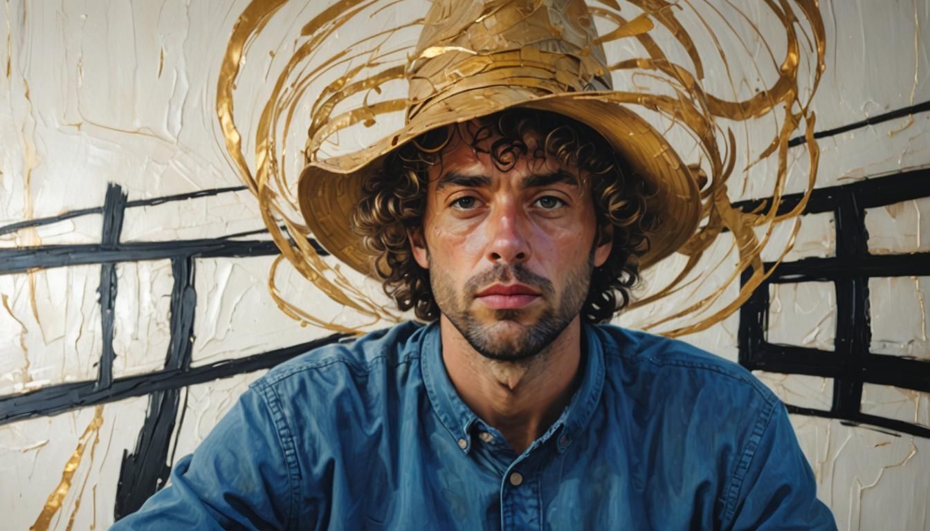 Man wizard of Oz, curly swirly hair big hat JC Leyendecker (sueded grainy texture abstracted geometric lines and shapes,...