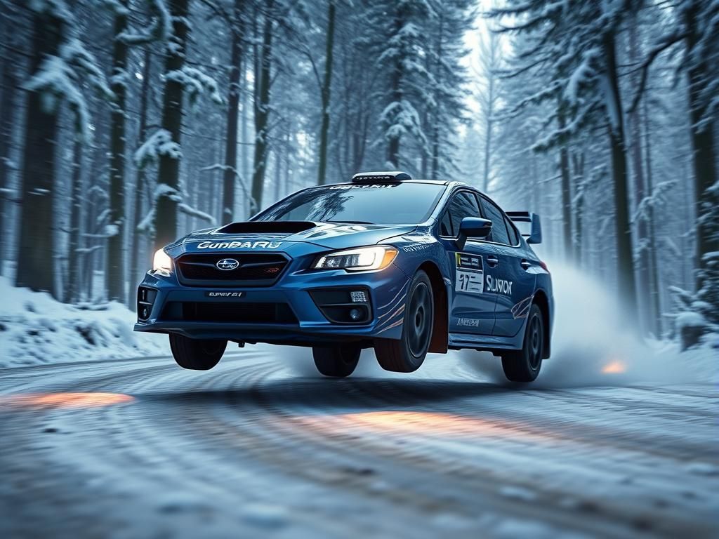 Rally Car Jumps on Snowy Road in CGI