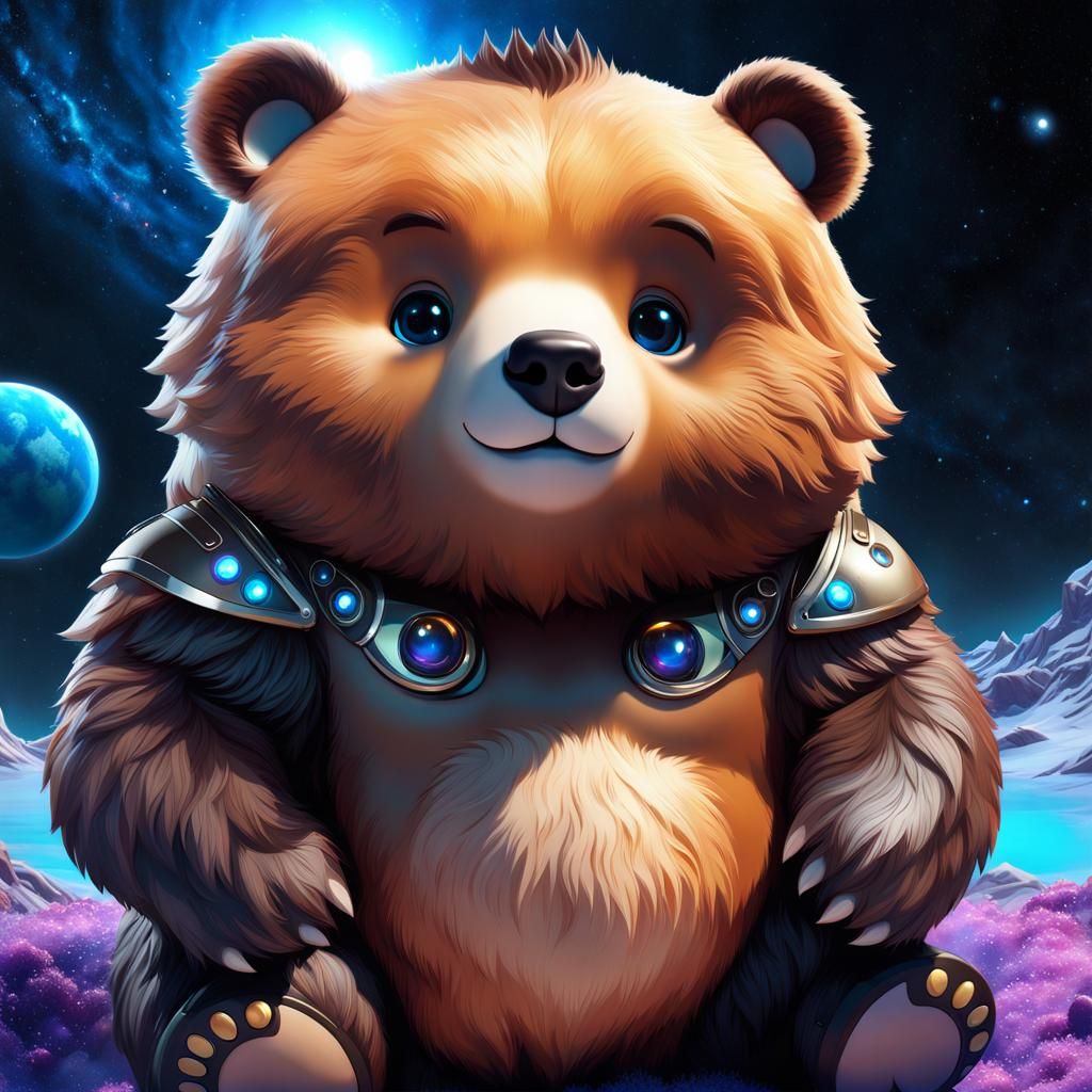 Chibi Obese Bear in Cosmic Setting, Detailed Digital Art