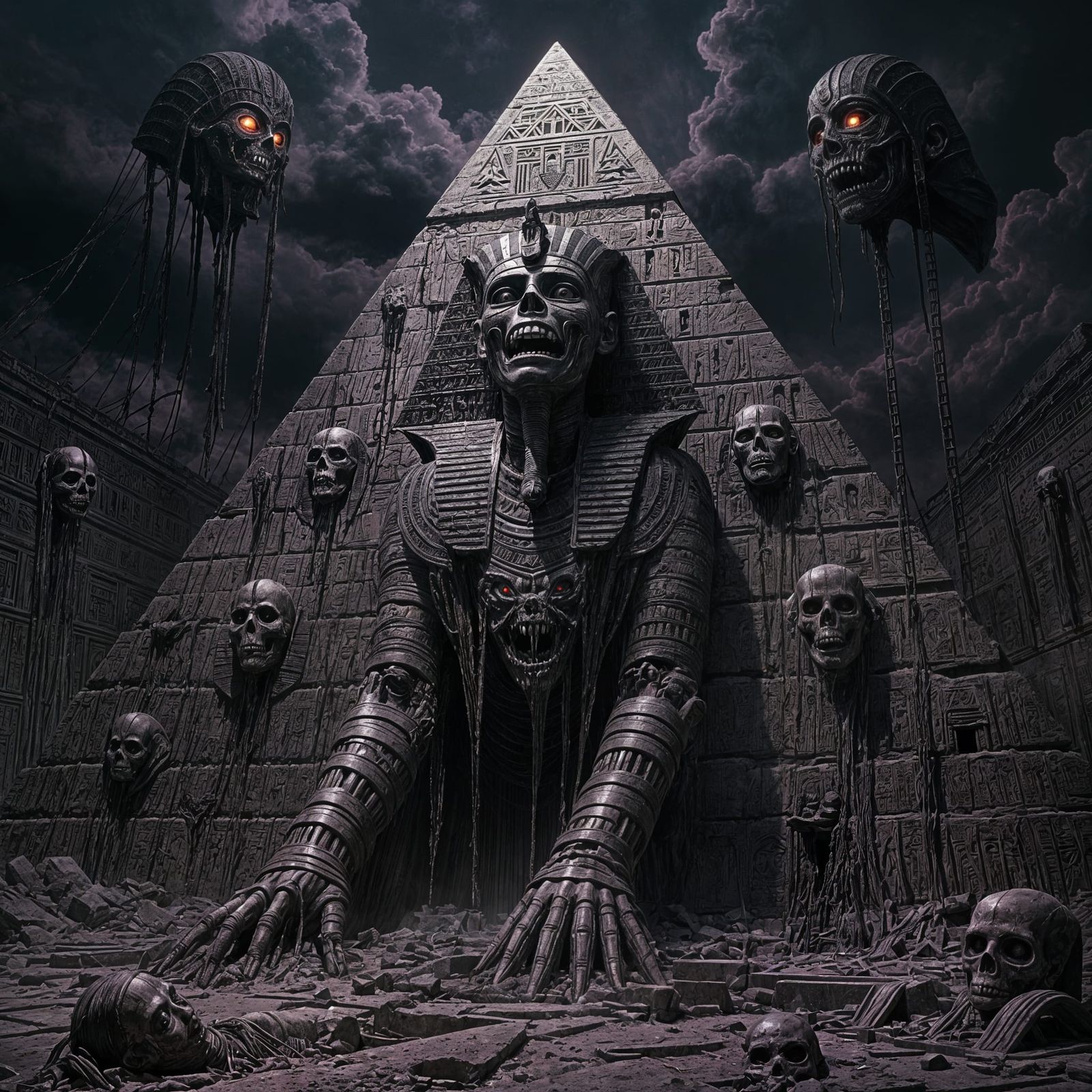 Biomechanical Sphinx Emerges: A Dark Surrealist Vision