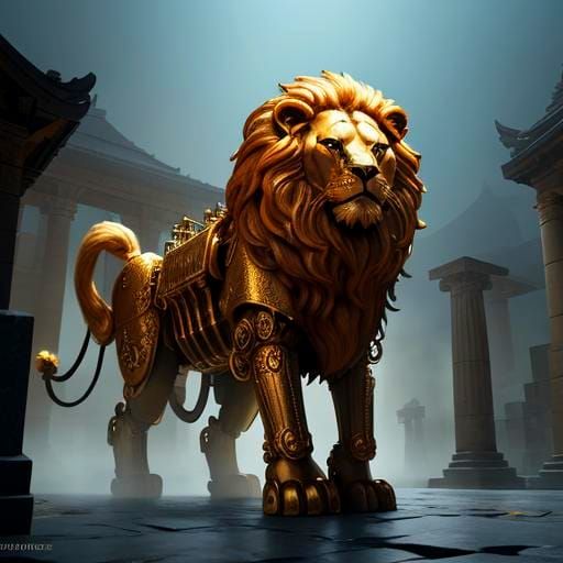 Golden Robot Lion: Detailed Matte Painting