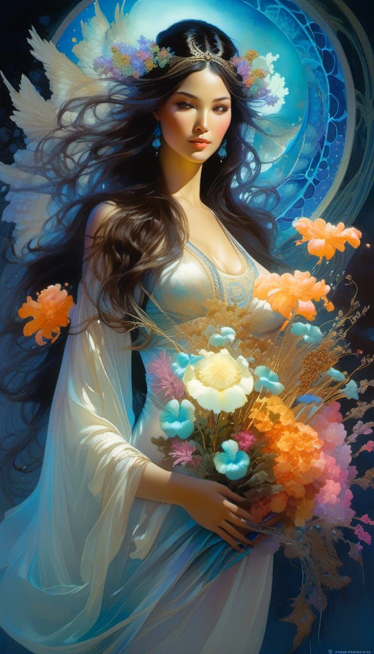 Pregnant Woman with Bioluminescent Bouquet, Watercolor Style