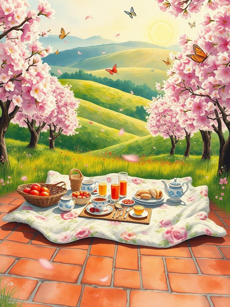 Serene Spring Picnic in Watercolor Style