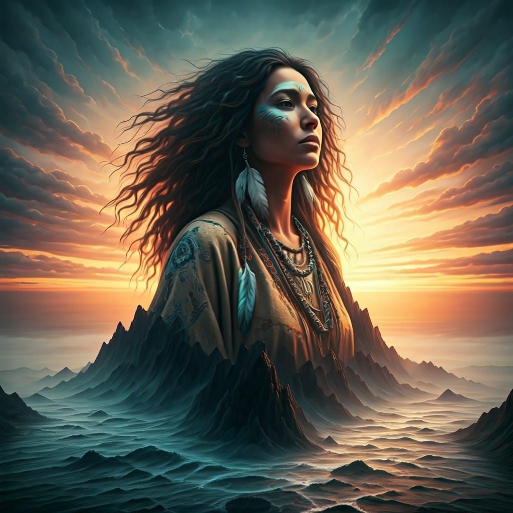 Mystical Woman Merging with Rocky Sunset Hills