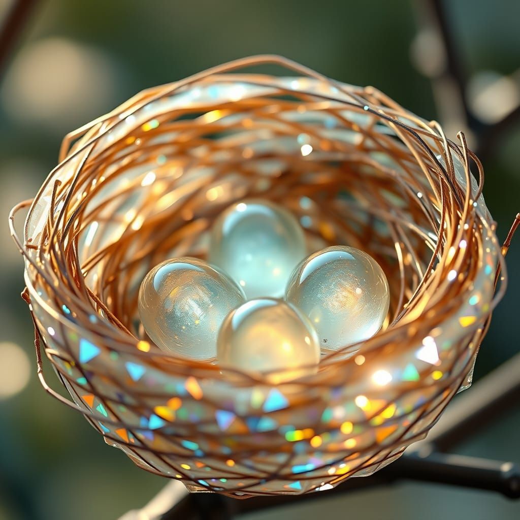 Iridescent Glass Bird's Nest with Crystal Eggs