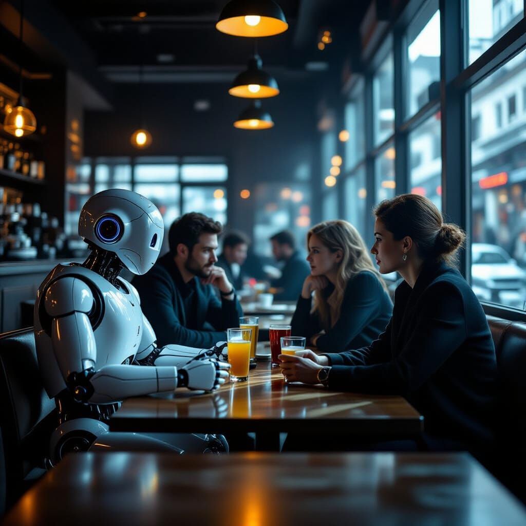 Humans and Robots Converse in Dimly Lit Cafe