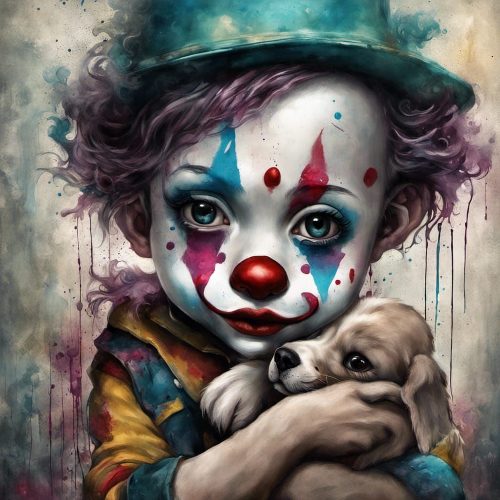 Boy Clown with Puppy: Detailed Graffiti Art