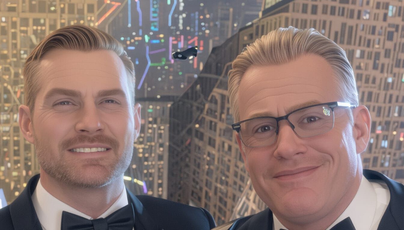 Father and Son Superhero Duo in Pixar Style