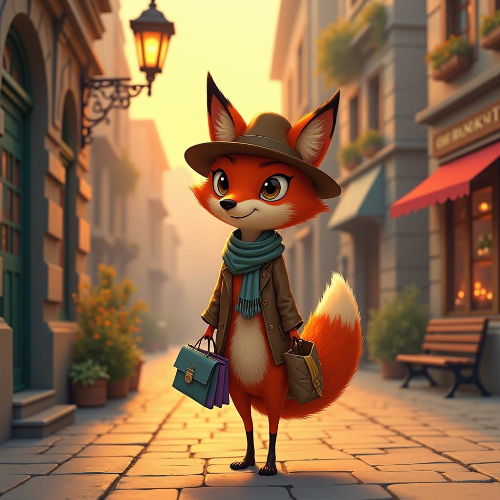 Fox's Shopping Spree in Folk Art Style