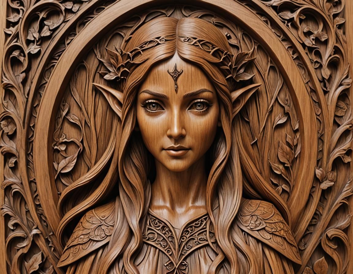 Teak Wood Relief Carving: Lady Galadriel