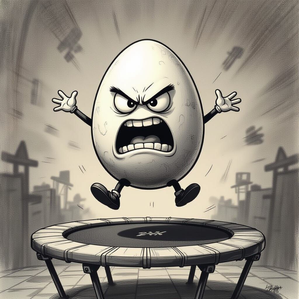 Angry Egg Trampolining in Charcoal Drawing Style
