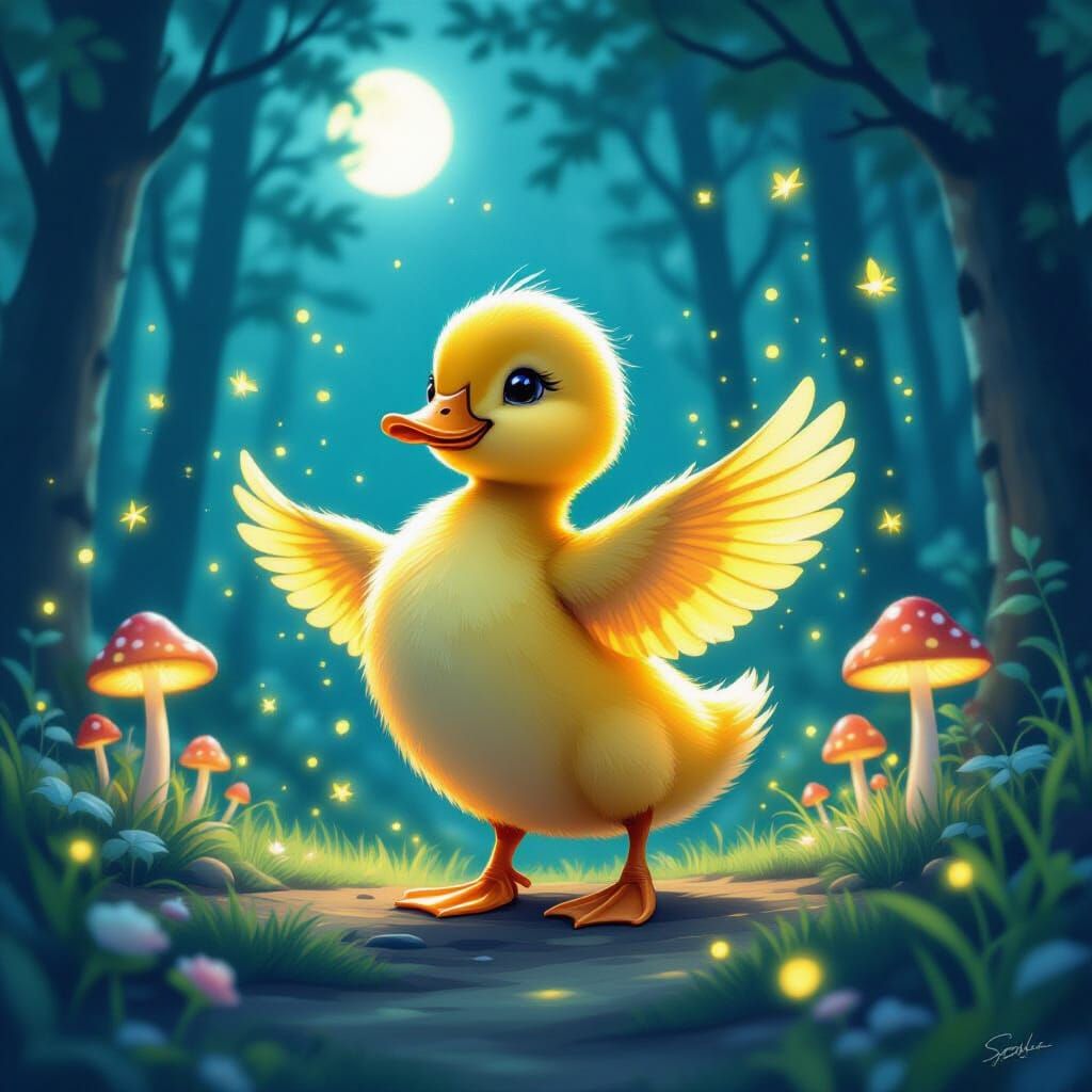 Golden Duckling Dances in a Whimsical Forest