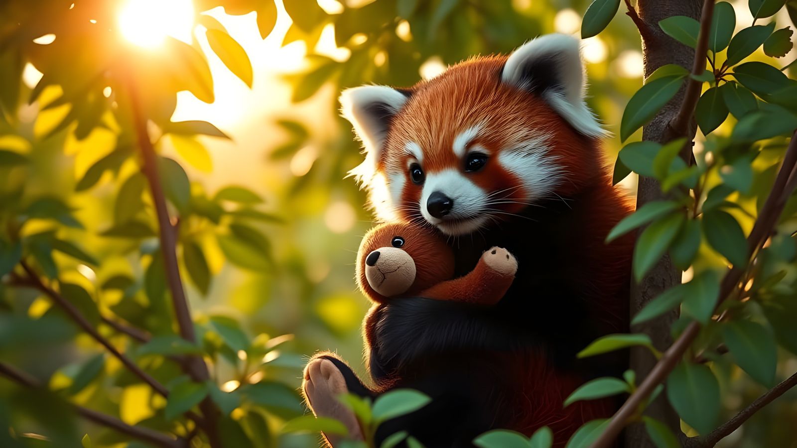 Red Panda Adorably Holds Stuffed Toy in Tree