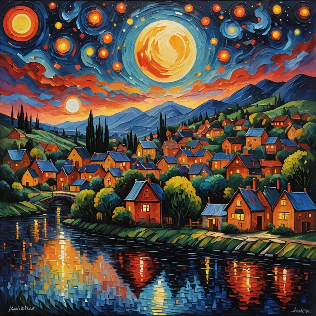 Moonlit Village by the River