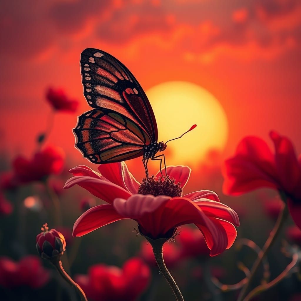 Black Butterfly on Red Flower in Impressionist Style