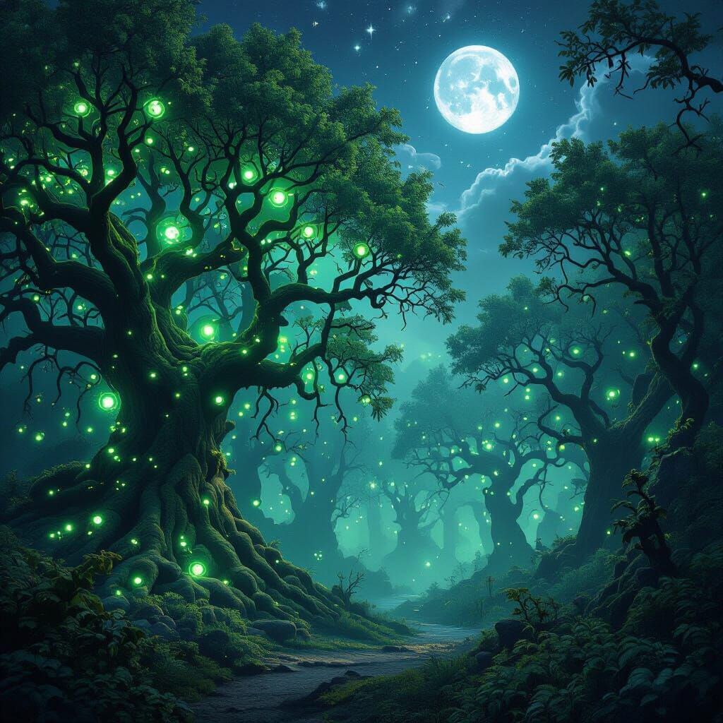 Mystical Forest with Ethereal Lights and Celestial Sky