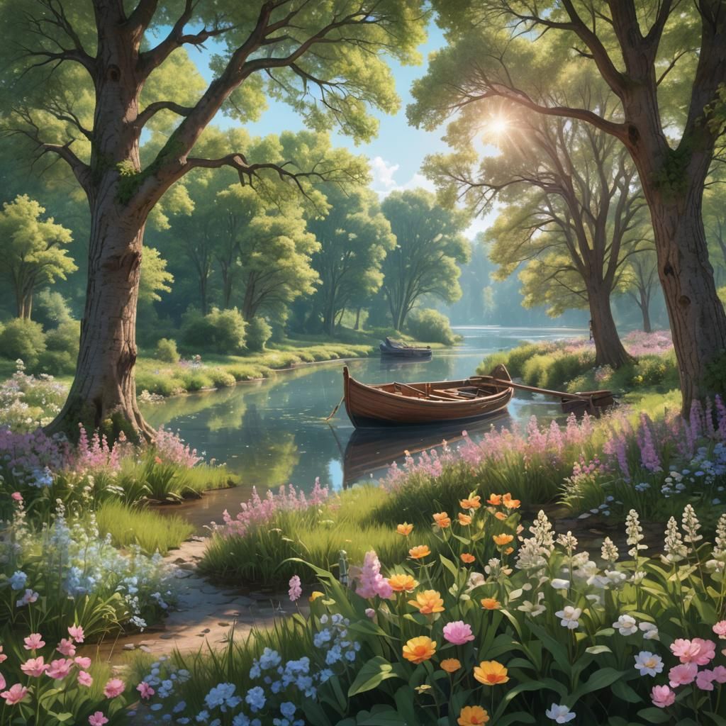 River Boat in Spring Colors: Hyperdetailed Concept Art