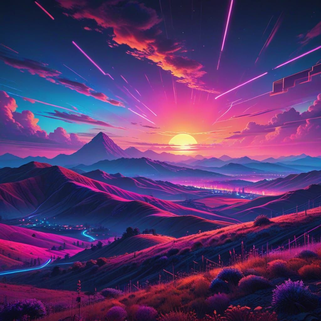 Synthwave Landscape with Neon Lights and Geometric Sky