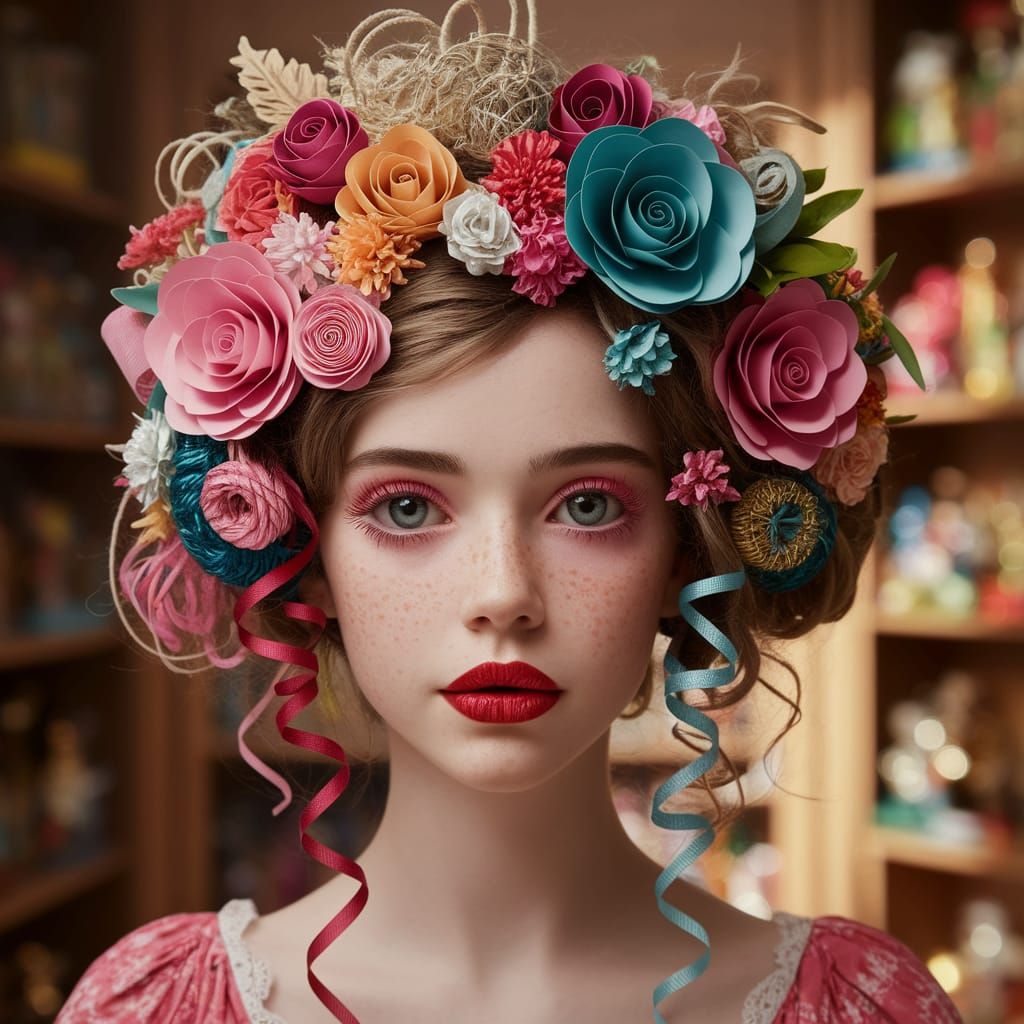Whimsical Ribbon Portrait of a Young Woman in a Toy Store