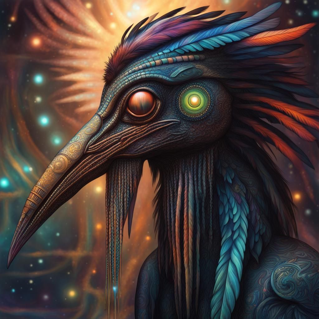 Cosmic Humanoid Bird Alien in Mixed Media Style