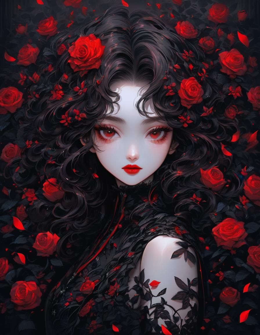 Anime Portrait of Girl with Roses in Krenz Cushart Style