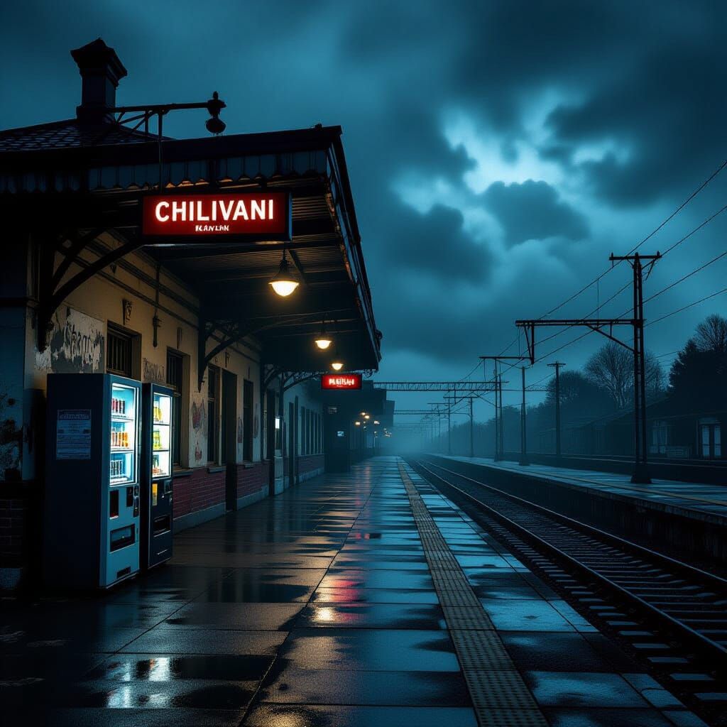 Eerie Railway Station in Morning Gloom, Cinematic Horror Sty...