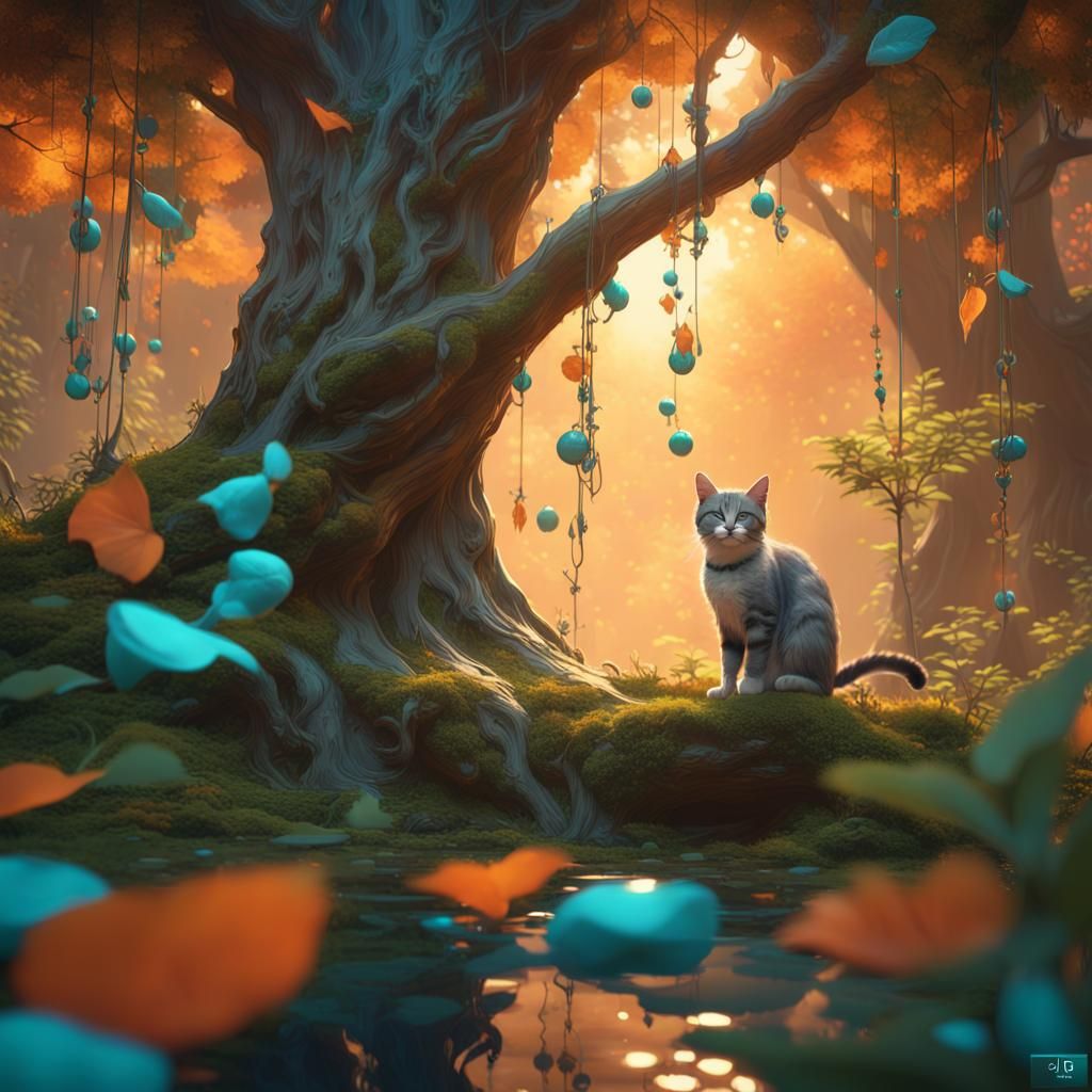 Enchanted Forest with Cats, Hyperdetailed Concept Art