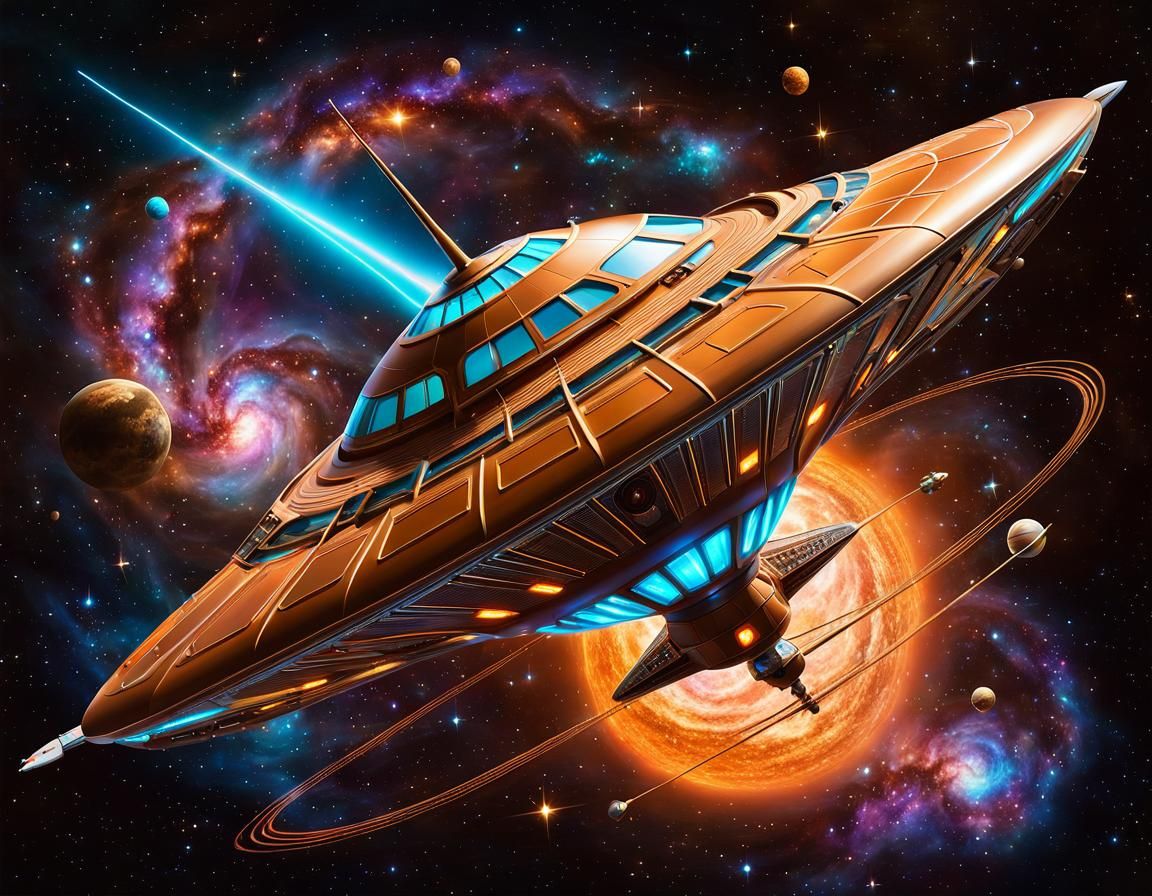 Retro Spaceship in Nebula, Art Nouveau Hyperrealism