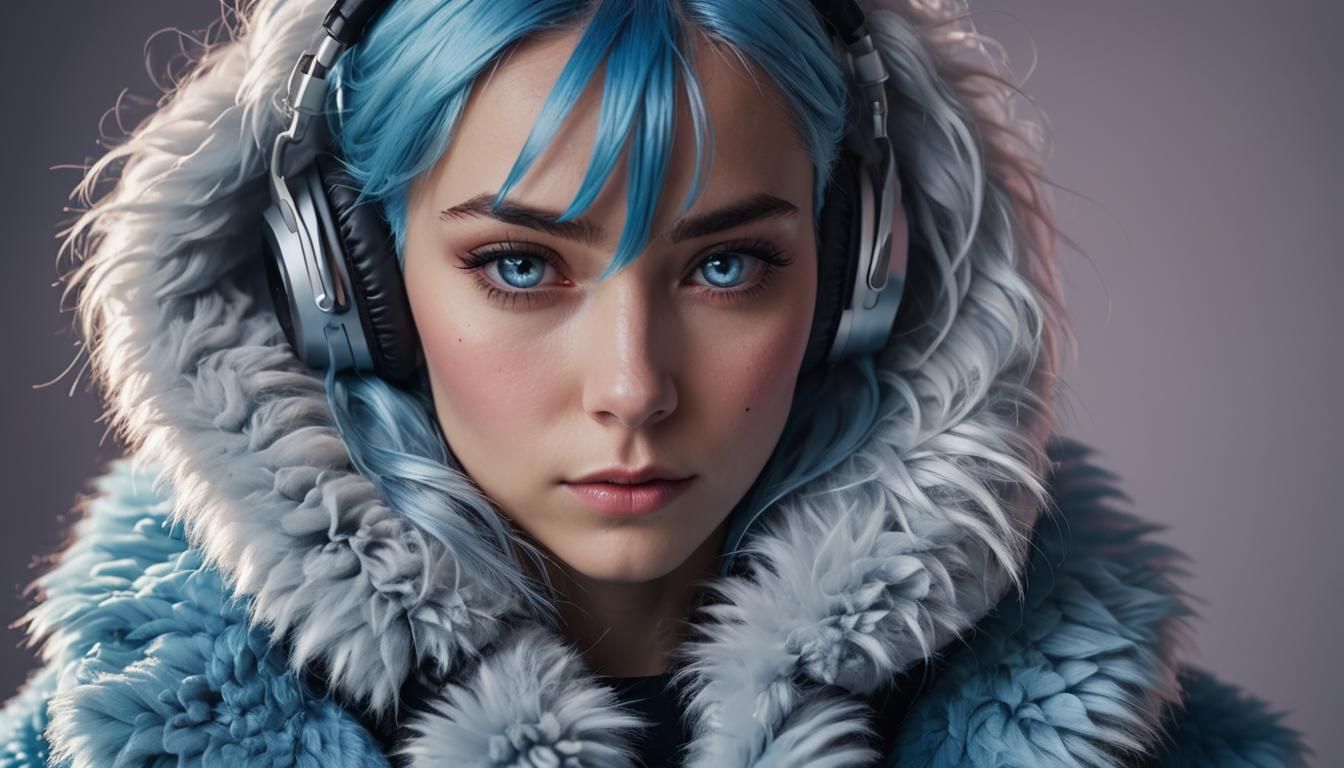 Blue-Haired Person in Fur Coat: Fashion Photography
