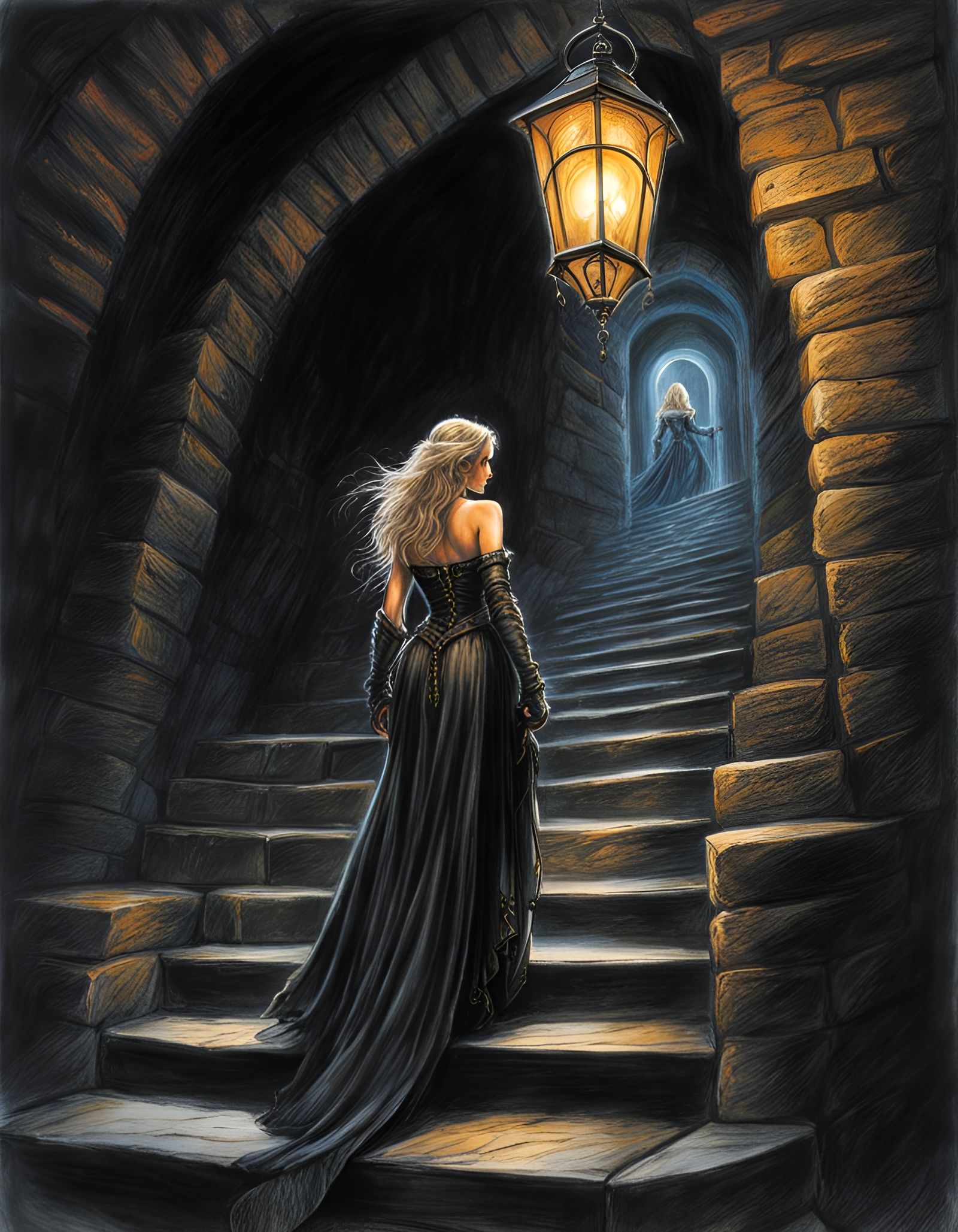 Adventuress Climbs Dungeon Stairs in Luis Royo Style