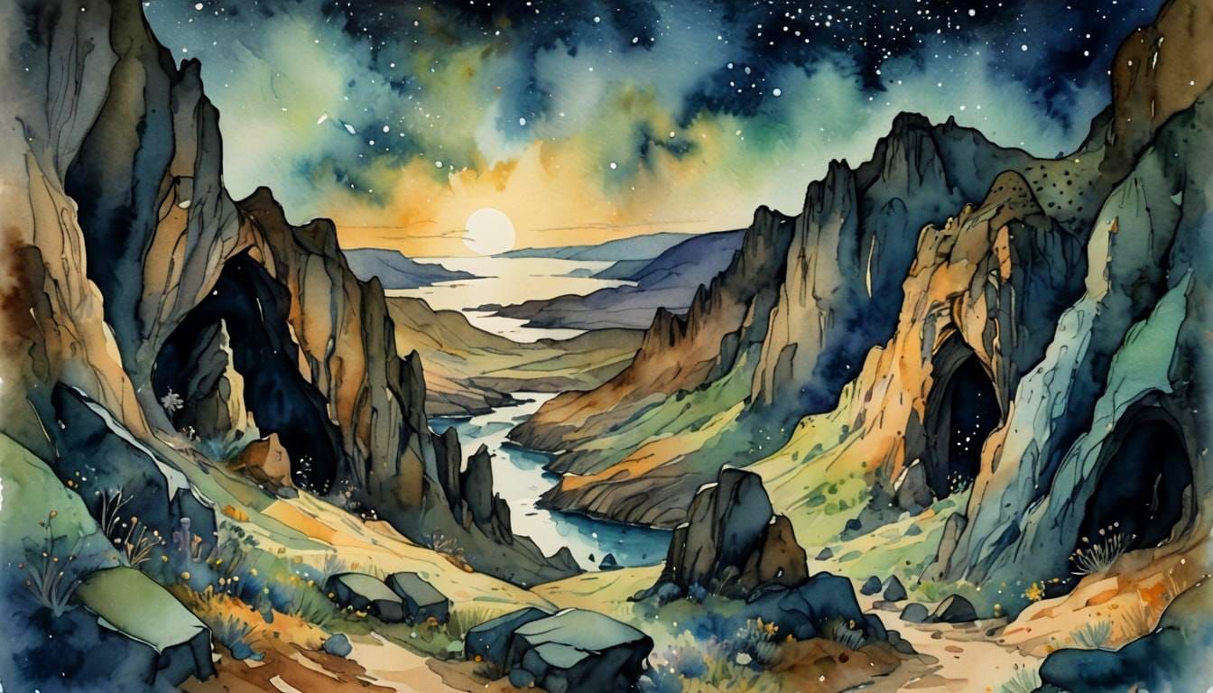Cave Entrance Under Starry Sky: Whimsical Watercolor