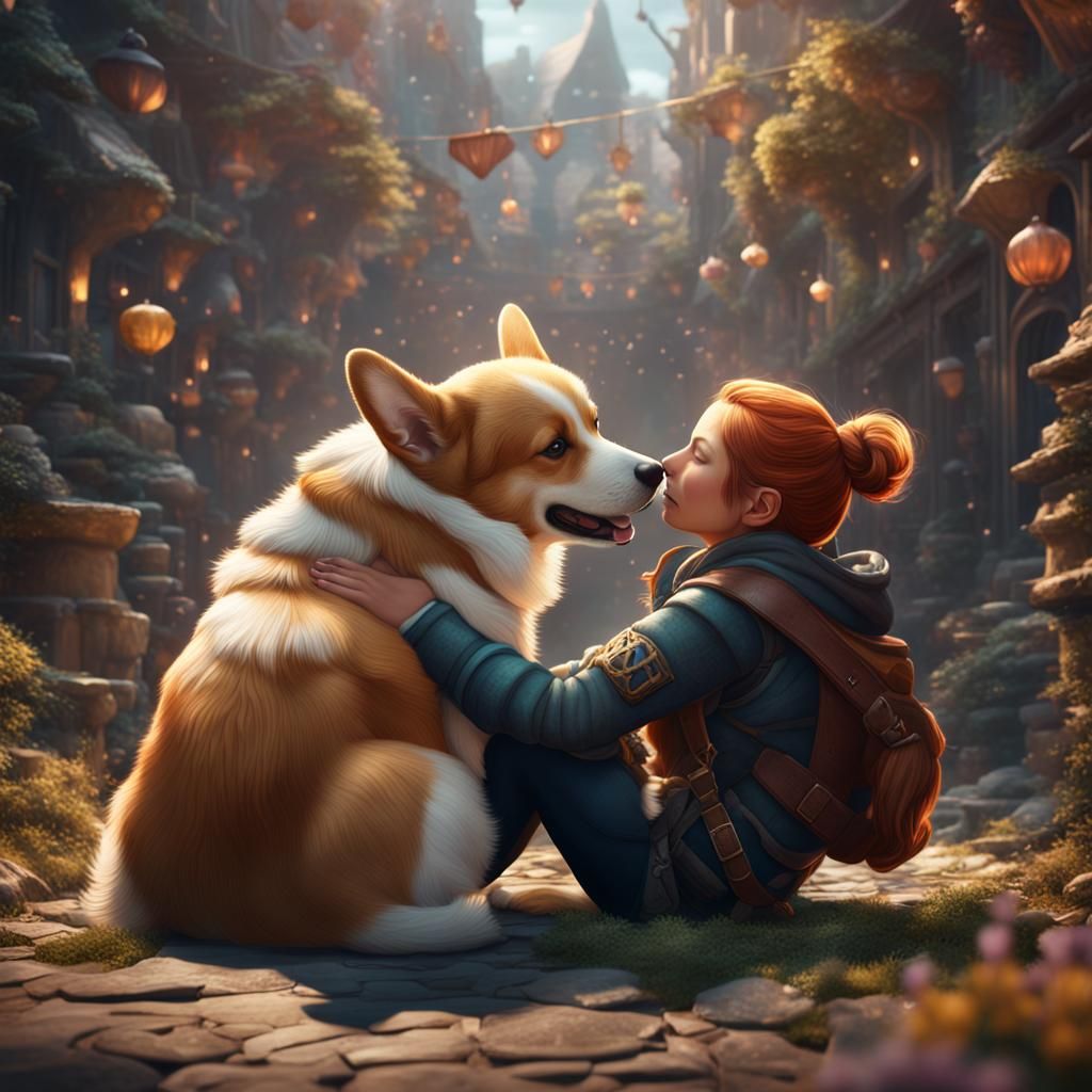 Corgi and Human Cuddle: Detailed Fantasy Art