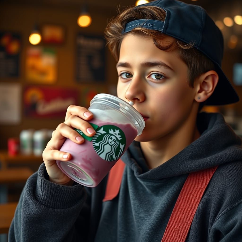 Teen Sipping Starbucks: Hyperrealistic Portrait