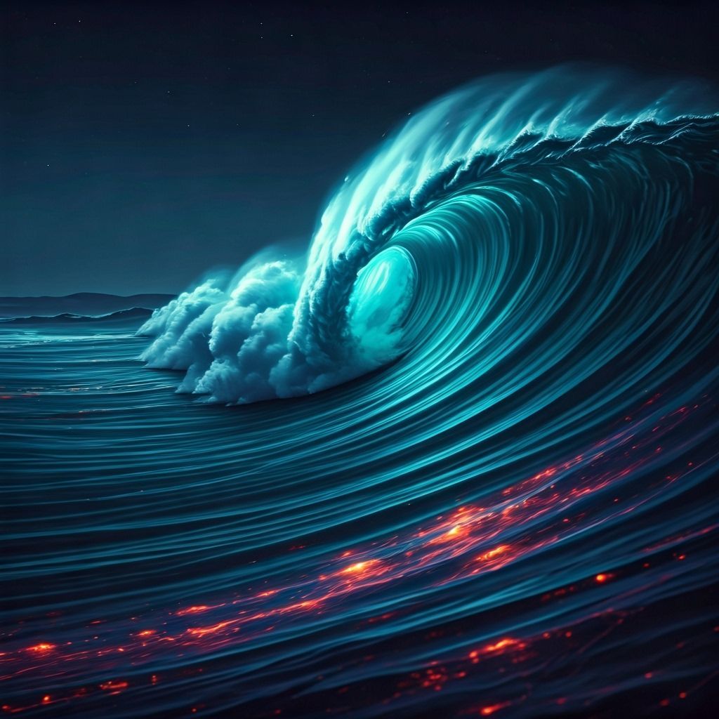 Powerful Ocean Wave at Night with Bioluminescence