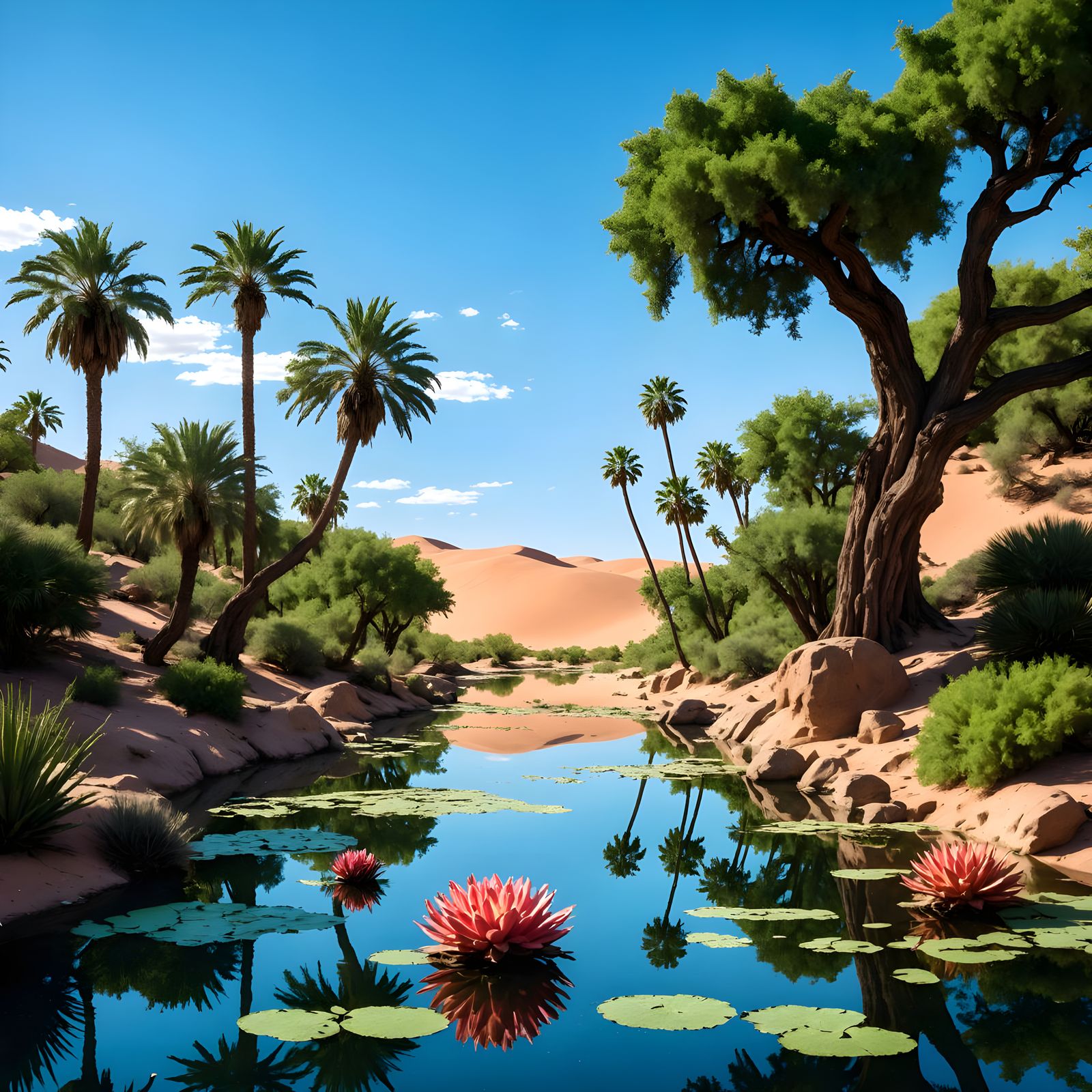 Surreal Desert Oasis with Distorted Reflections