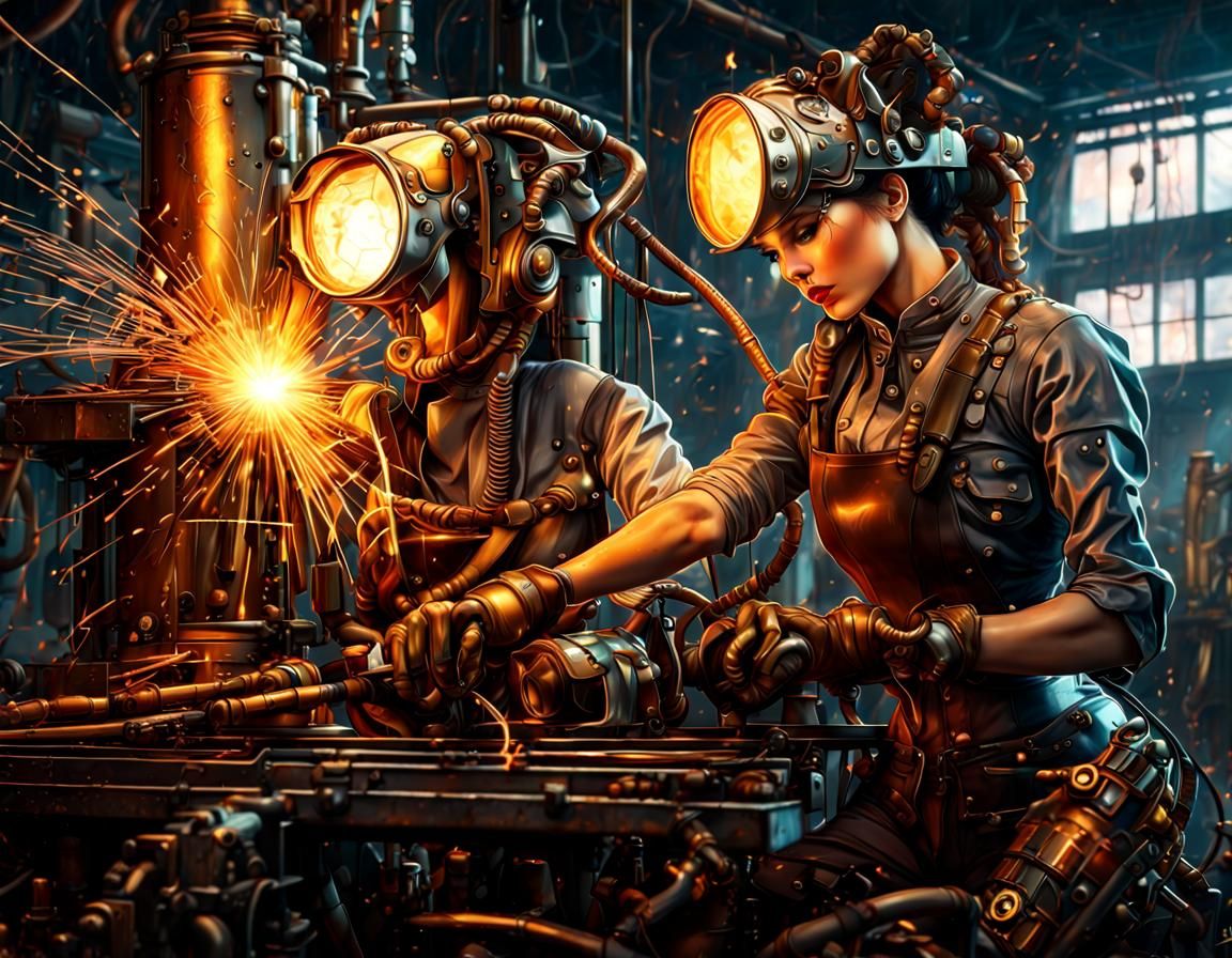 Steampunk Victorian Welder in Factory Workshop