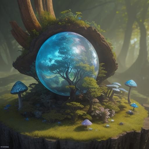 Mystical Being with Silver Sphere in Lush Environment