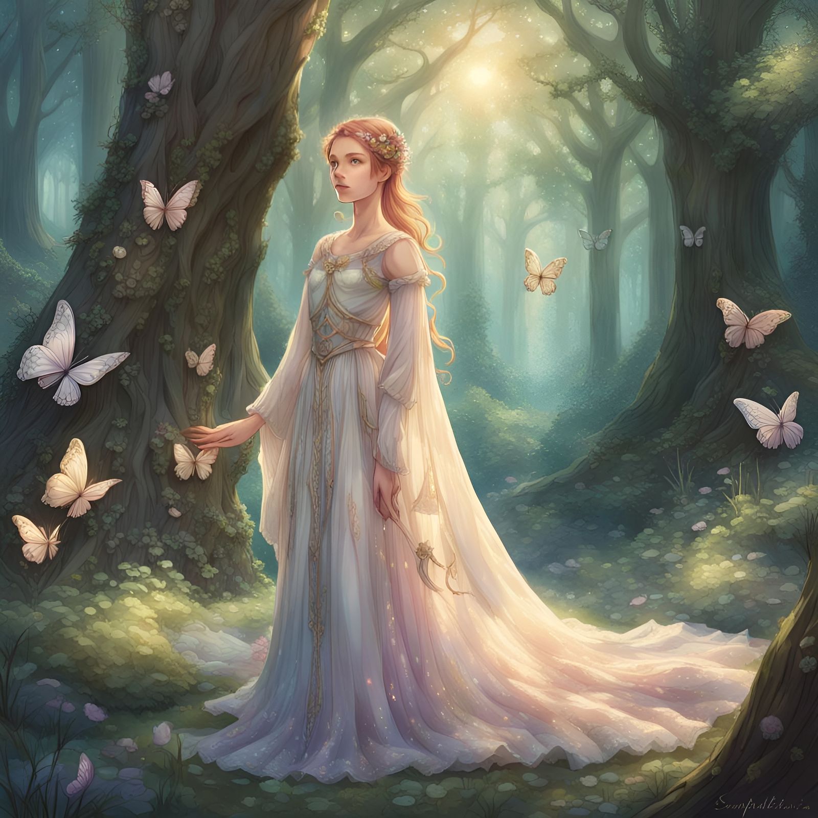 Magical Girl Seraphina in Ethereal Forest Clearing