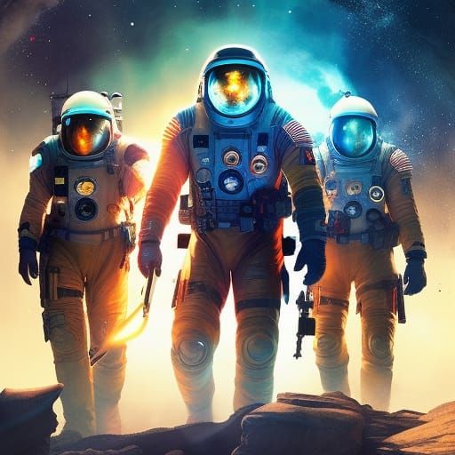 Astronauts Explore Galaxy Cave: Digital Art