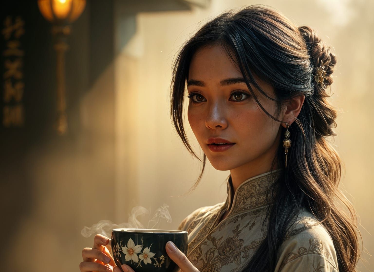 Zen Jasmine Tea Portrait in Hyperrealistic Style
