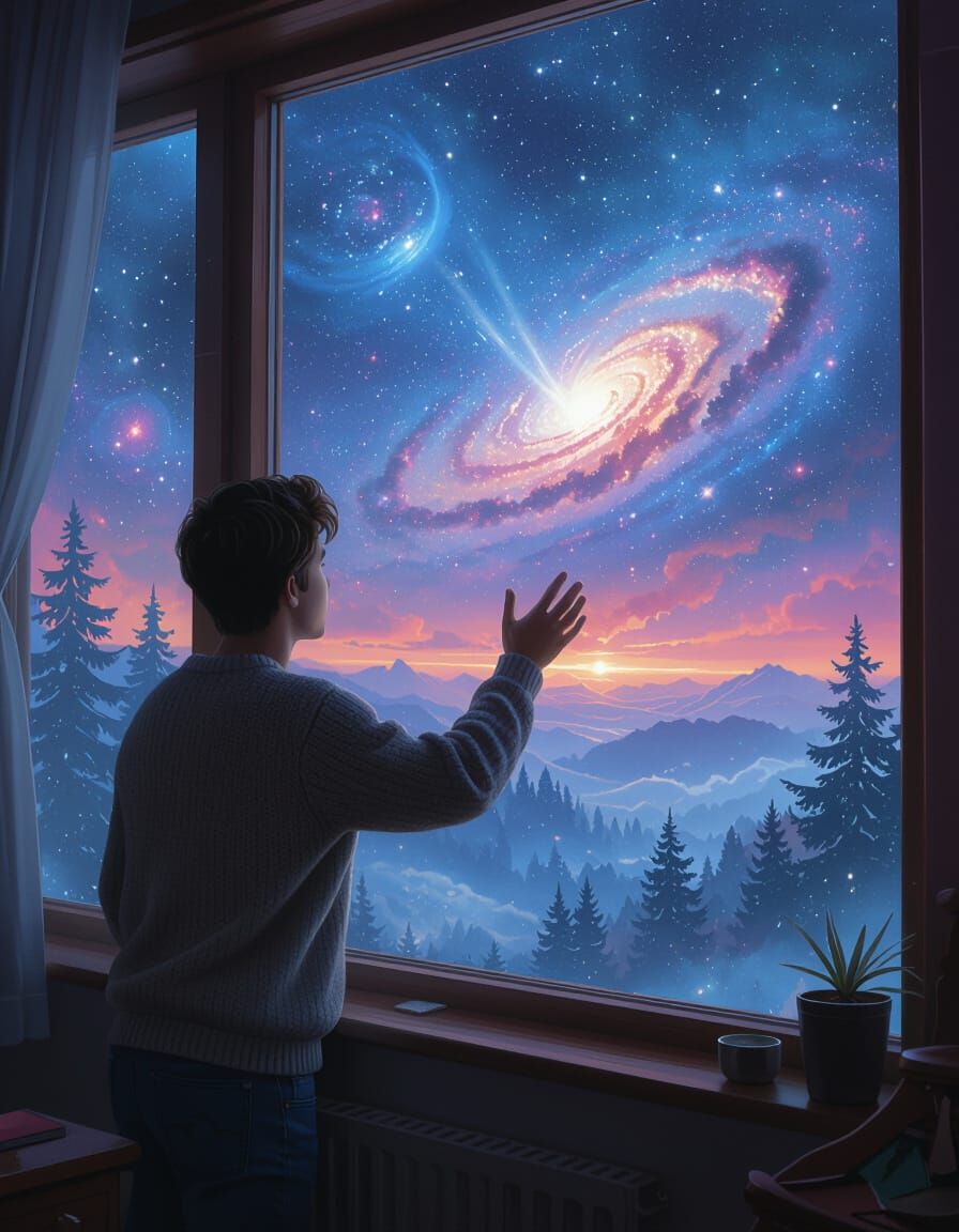 Man Gazing at New Worlds in Dreamy Futurism