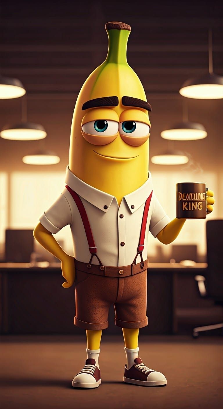 Confident Cartoon Banana in Office Setting