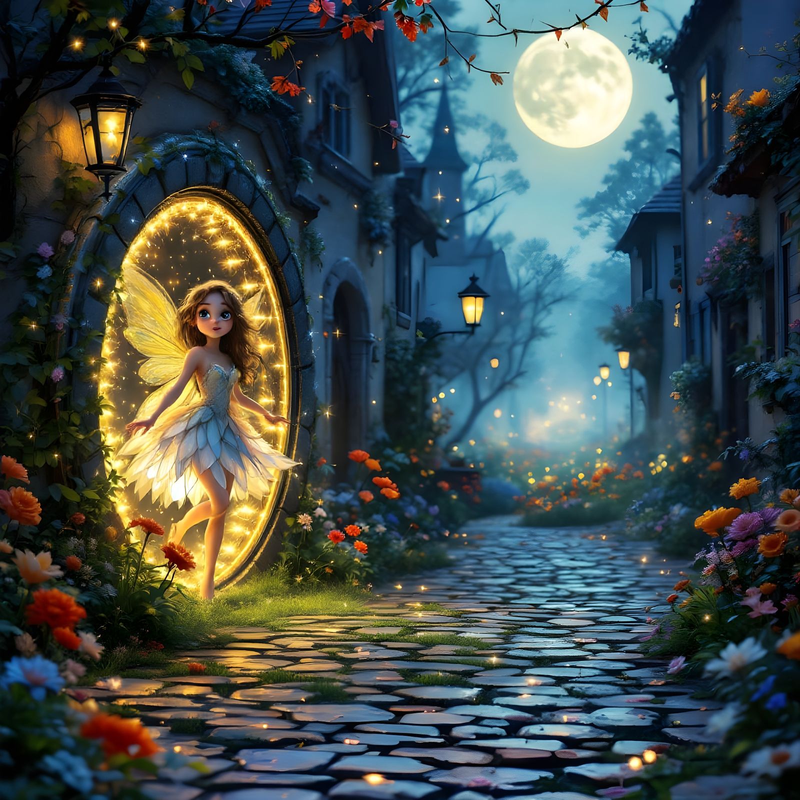 Whimsical Fairy Stepping Out of a Magical Portal in a Charmi...
